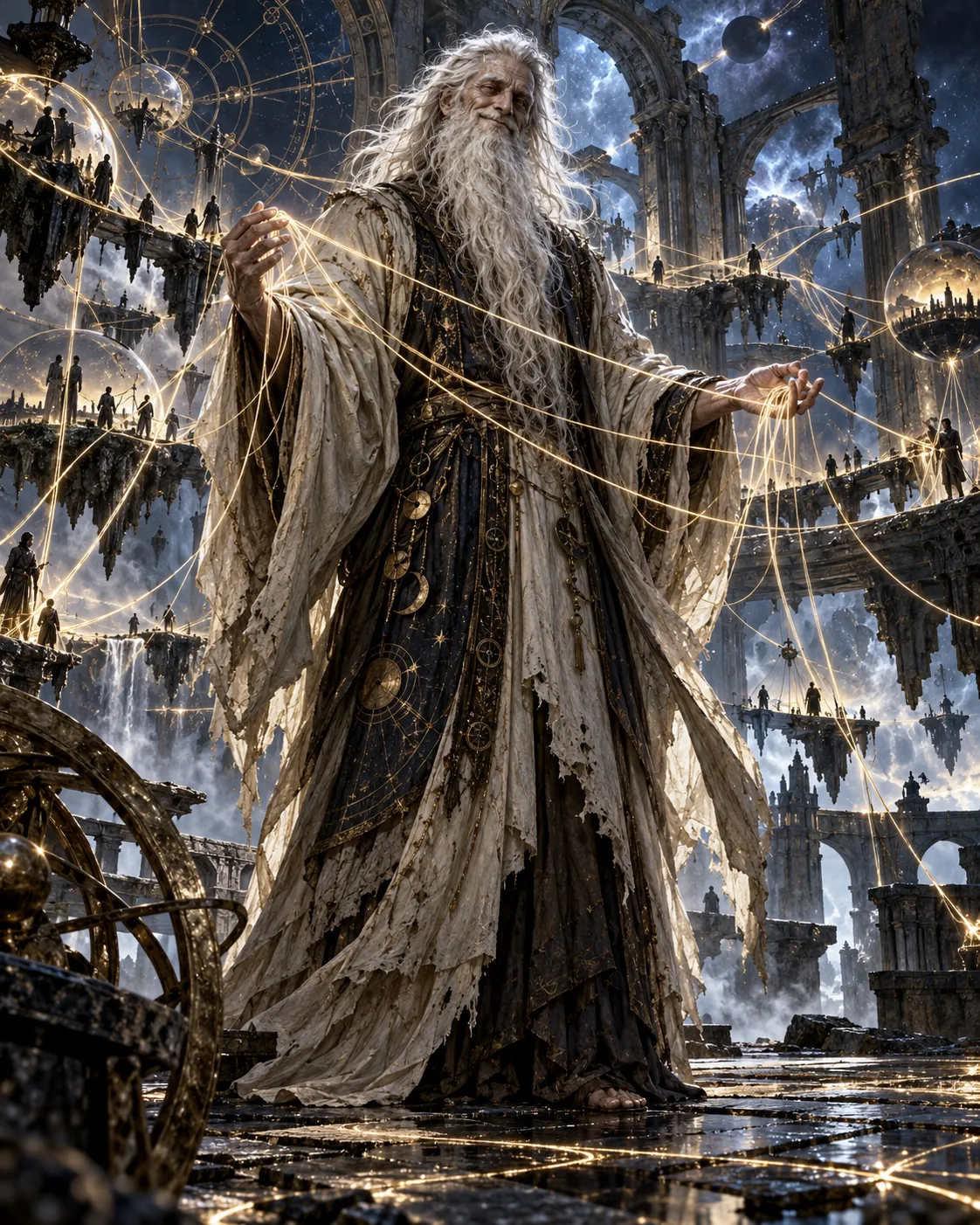 Exploratory character concept of Eversmile manipulating golden karmic threads across a ruined observatory
