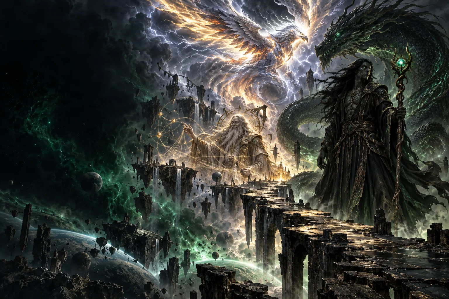 Exploratory concept study of the Malefic Viper, Stormild, and Eversmile overlooking a fractured multiverse